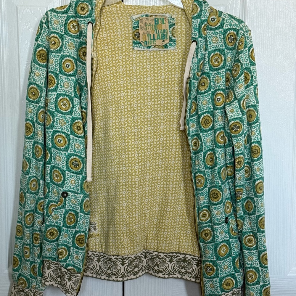 Billabong Reversible Green and Yellow Patterned Zip Sweater